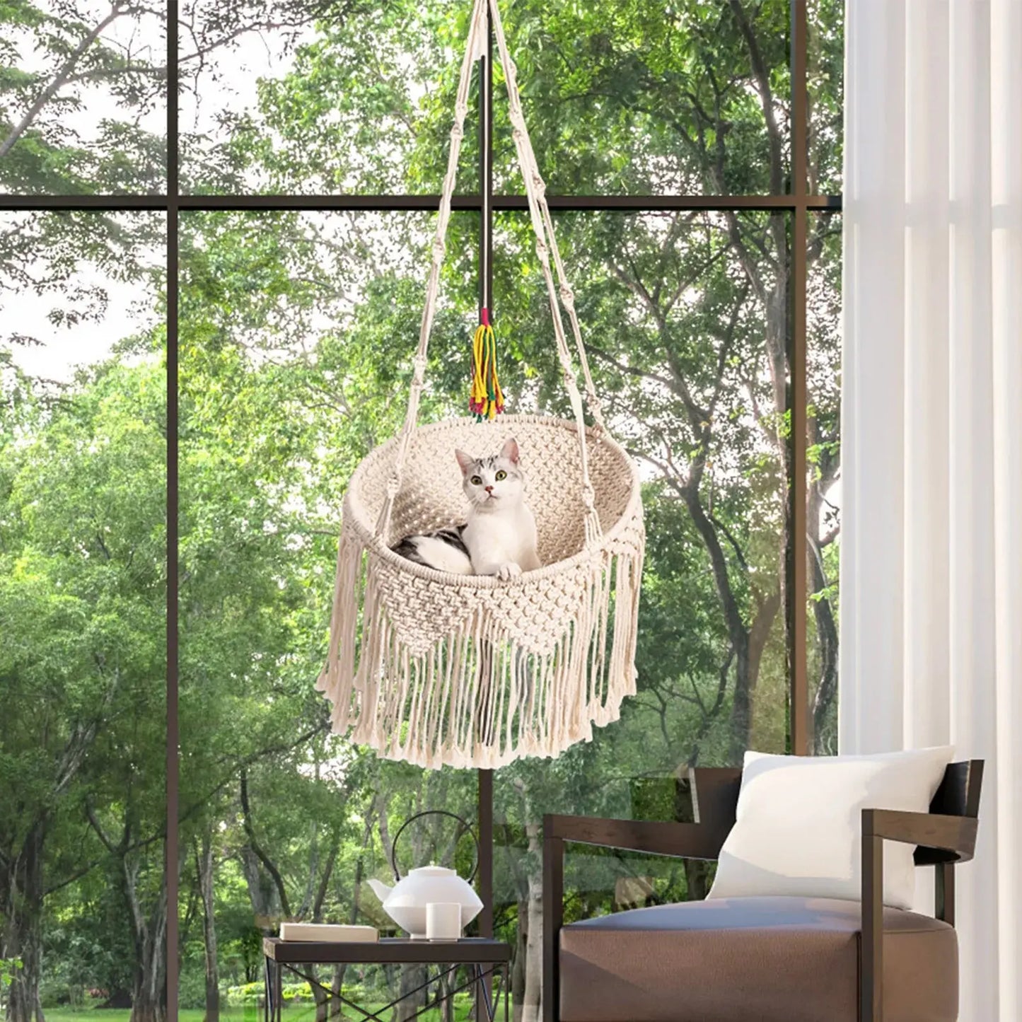 Hamac Pour Chat Rond Tissé À La Main Avec Des Franges Pour toi Mon chat
