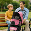 Poussette pour chat rose DODOPET, utilisée par un homme aux lunettes et son fils blonc, pour transporter un chat gris dans un parc. Confort, sécurité et praticité pour les promenades en extérieur.