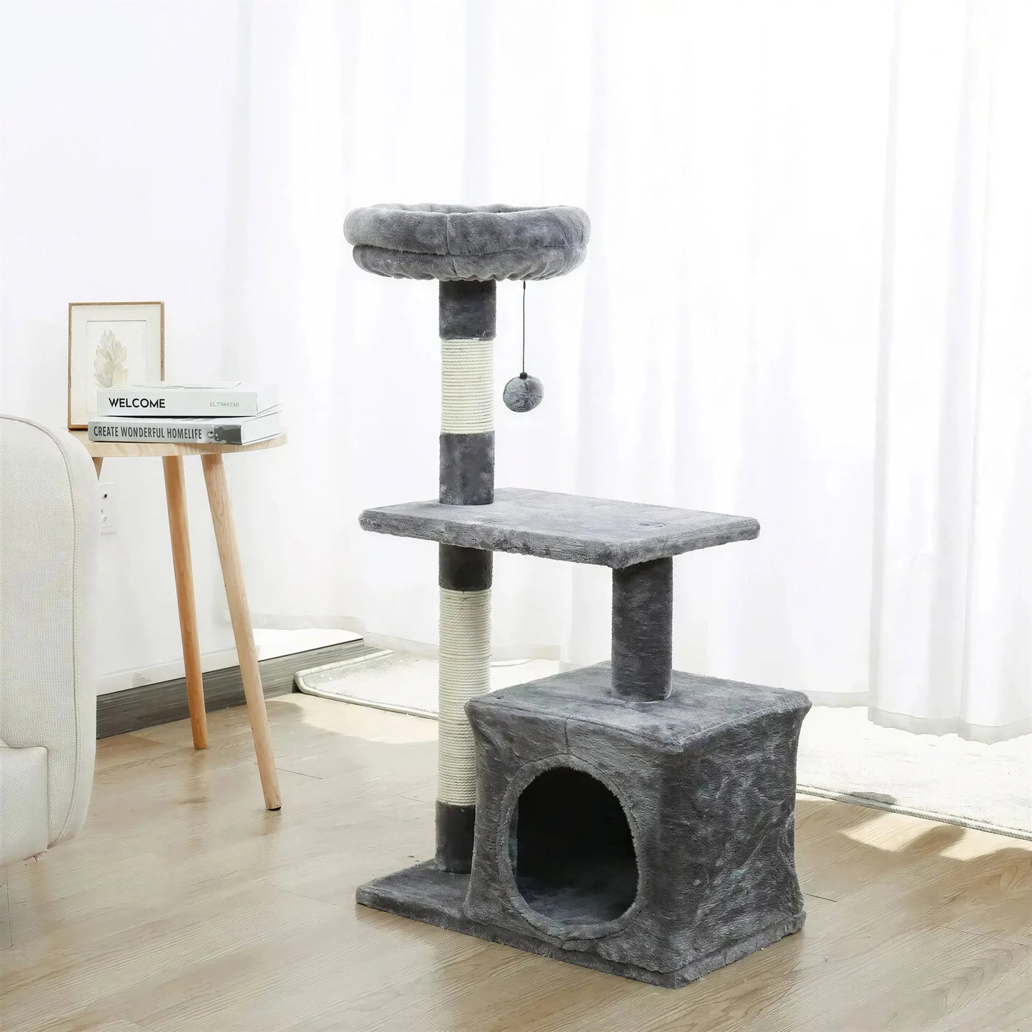 Arbre à chat XXL gris avec plateforme et boule pendante Pour toi Mon chat