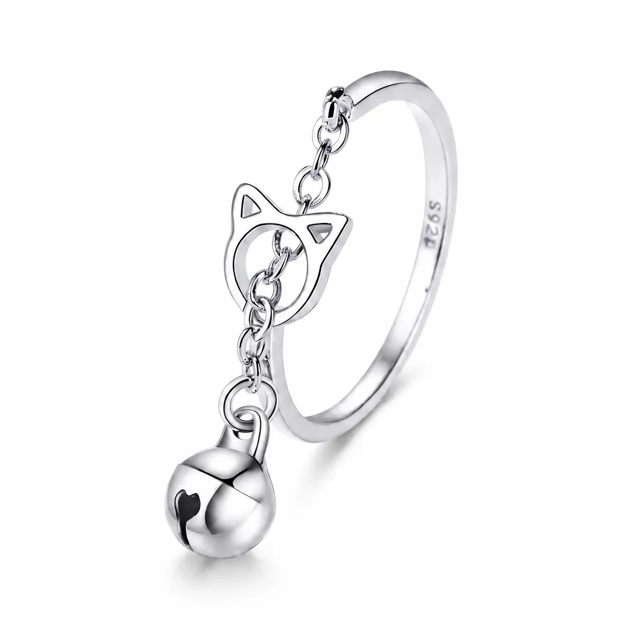 Bague avec anneau en tête de chat et pendentif avec une cloche Pour toi Mon chat