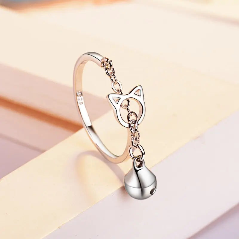 Bague avec anneau en tête de chat et pendentif avec une cloche Pour toi Mon chat