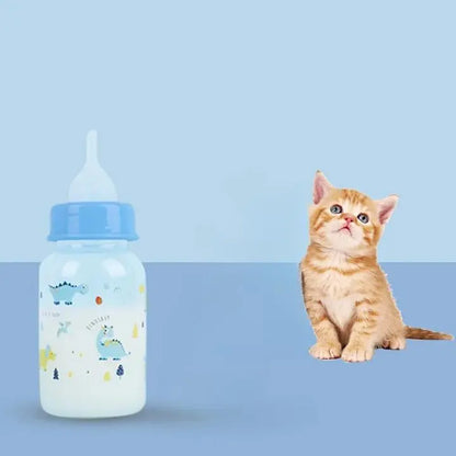 Biberon Chaton avec des Dinosaures Amusants avec un chat marron et blanc sur fond bleu