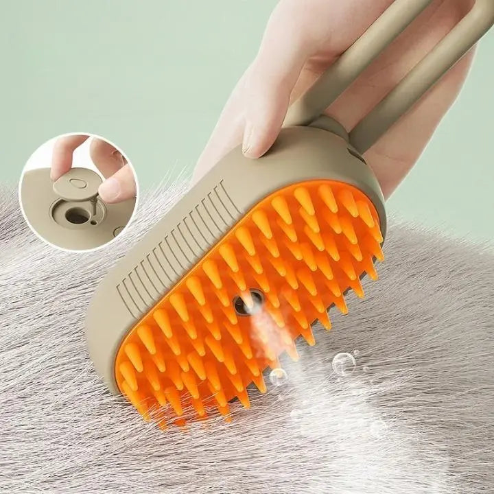 Brosse Chat Poil Long à Vapeur et Massante en train de faire de la vapeur au dessus des poils d'un chat