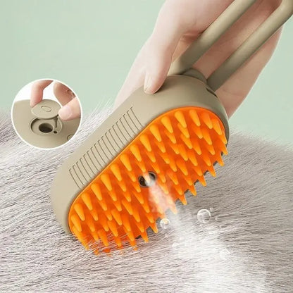 Brosse Chat Poil Long à Vapeur et Massante en train de faire de la vapeur au dessus des poils d'un chat
