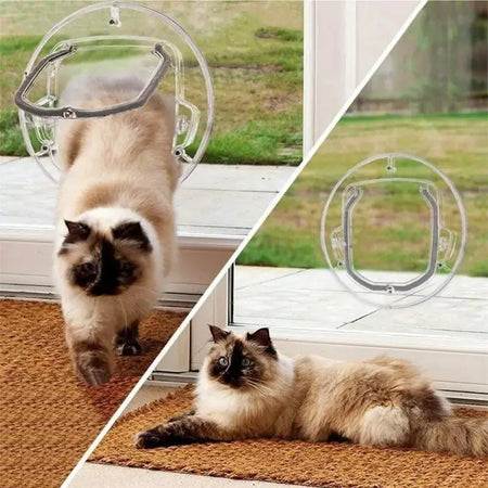 Chatière Transparente avec Quatre Positions installée sur une fenêtre avec un chat en train de rentrer à gauche et couché devant à droite