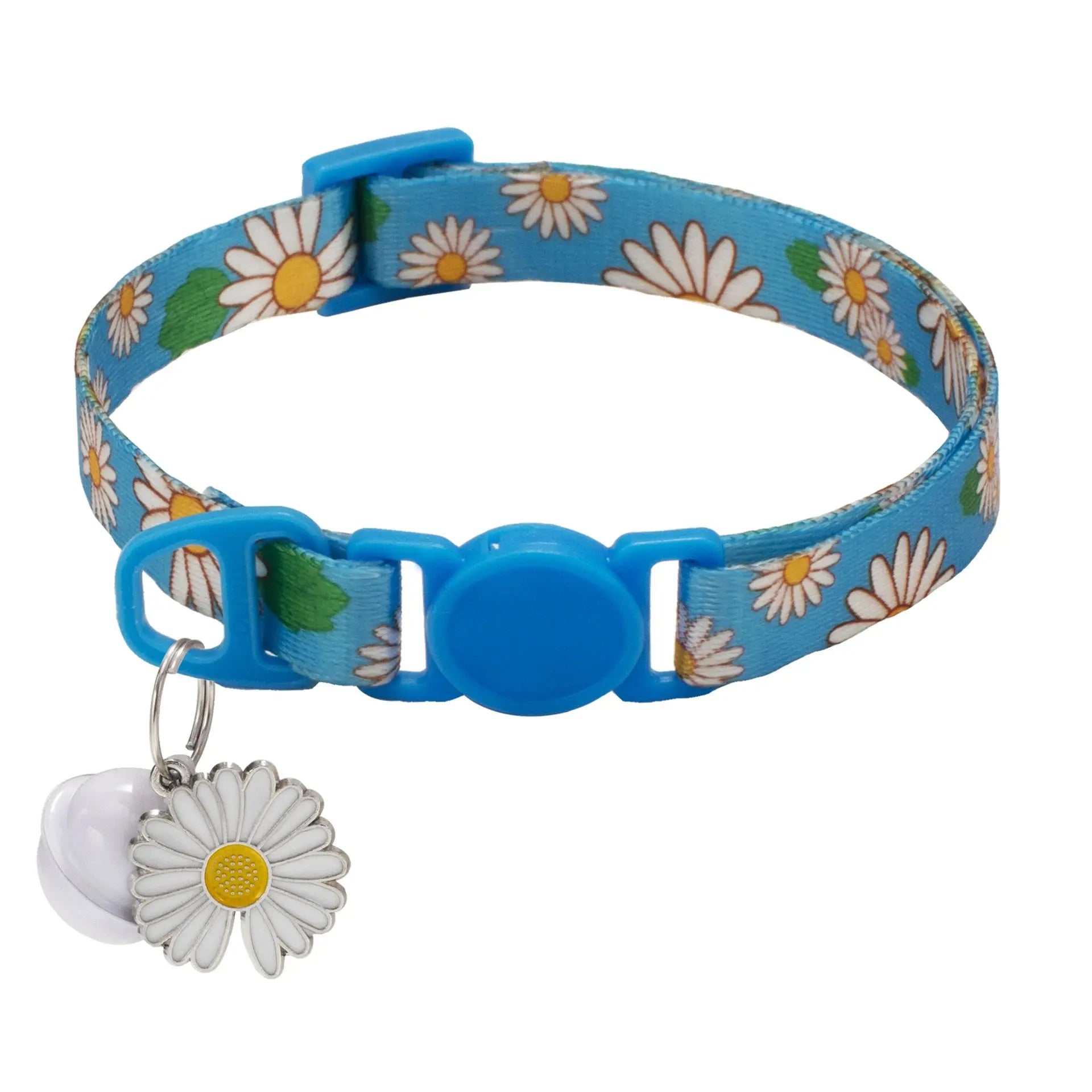 Collier Chat Anti Étranglement avec Motifs de Fleurs et Clochette sur fond blanc