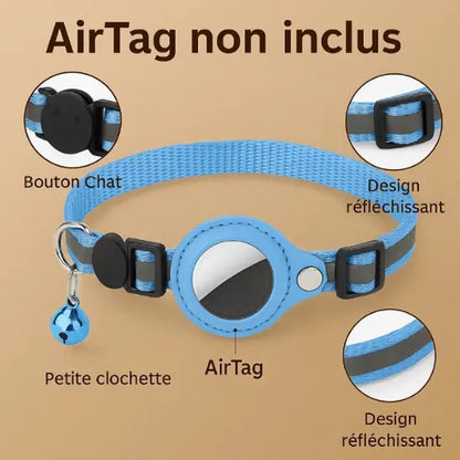 Collier GPS Chat - Support Airtag, Collier de Suivi Anti Perte : en bleu avec explication des éléments de construction