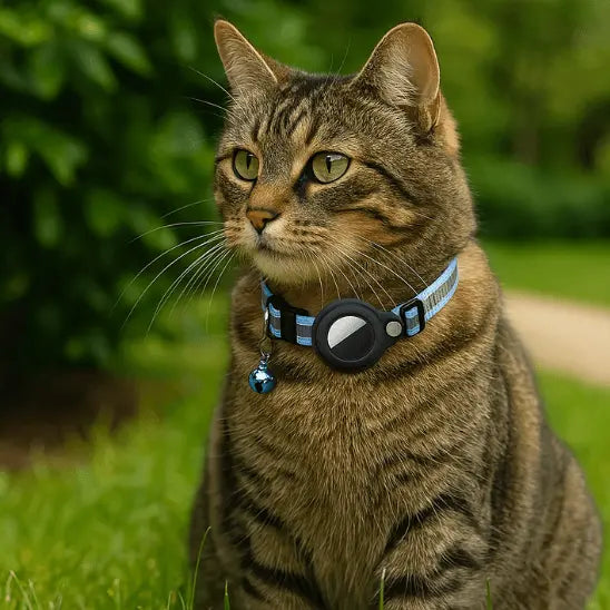 Collier GPS Chat - Support Airtag, Collier de Suivi Anti Perte : en bleu sur chat en extérieur sur l'herbe verte et devant des arbres