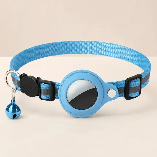 Collier GPS Chat - Support Airtag, Collier de Suivi Anti Perte : en bleu sur fond blanc