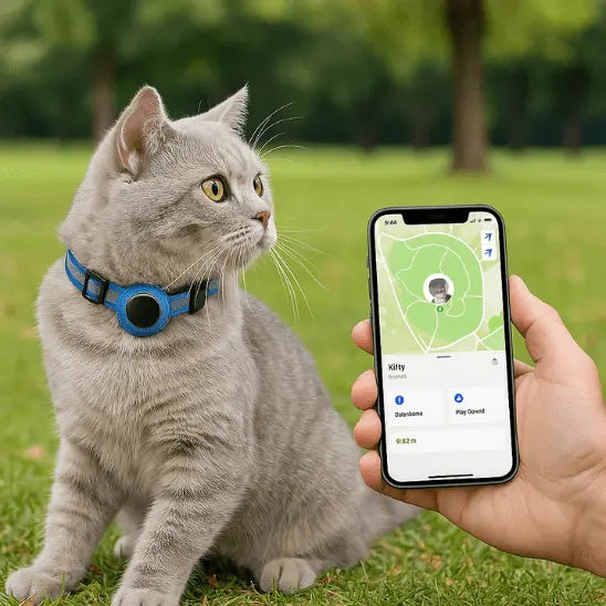 Collier GPS Chat - Support Airtag, Collier de Suivi Anti Perte : en bleu avec chat gris clair dans un parc et un téléphone mobile avec vue gps