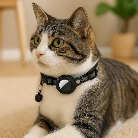 Collier GPS Chat - Support Airtag, Collier de Suivi Anti Perte : en noir porté par un chat blanc et gris sur tapis beige, en intérieur