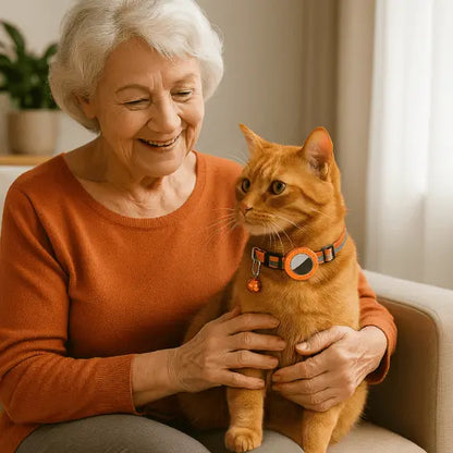 Collier GPS Chat - Support Airtag, Collier de Suivi Anti Perte : en orange sur les genoux d'une femme senior avec pull orange et cheveux blancs