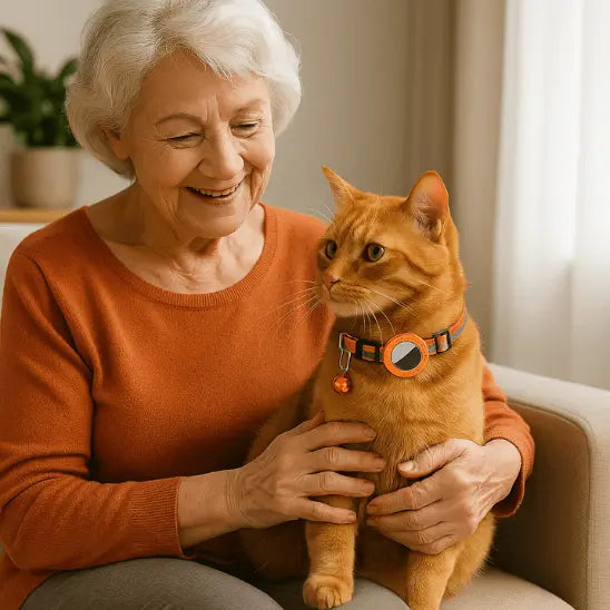 Collier GPS Chat - Support Airtag, Collier de Suivi Anti Perte : en orange sur les genoux d'une femme senior avec pull orange et cheveux blancs