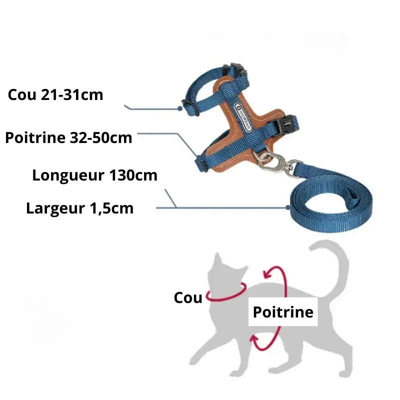 Harnais Chat Anti Fugue Léger et Réglable en Nylon et Cuir Pour toi Mon chat avec dimensions cou poitrine et dessin de chat