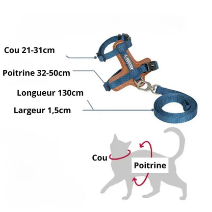 Harnais Chat Anti Fugue Léger et Réglable en Nylon et Cuir Pour toi Mon chat avec dimensions cou poitrine et dessin de chat