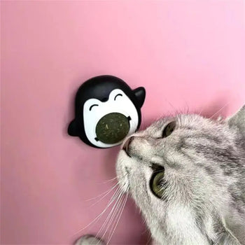 Herbe à Chat dans un Jouet en Forme de Pingouin collé sur un mur rose avec un chat gris devant