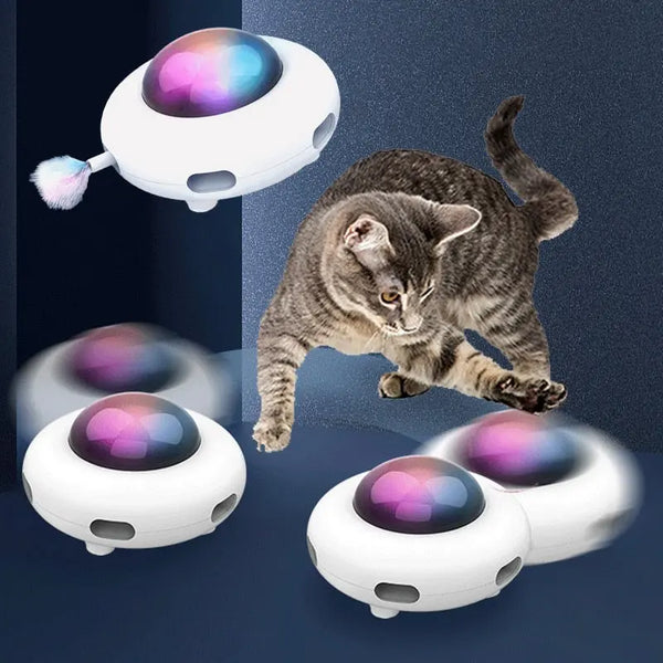 Jouet intelligent lumineux et rechargeable en forme d'ovni avec plumes pour  chat