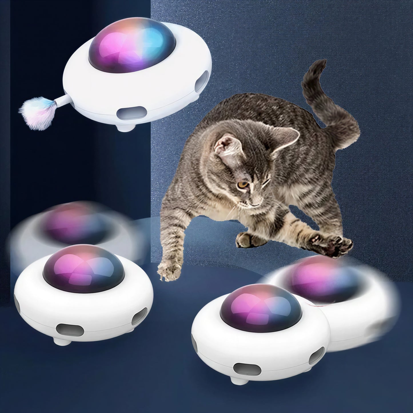Jouet intelligent lumineux et rechargeable en forme d'ovni avec plumes pour chat - vue 4
