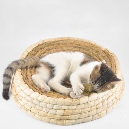 Lit en paille tissé à la main pour chat Pour toi Mon chat