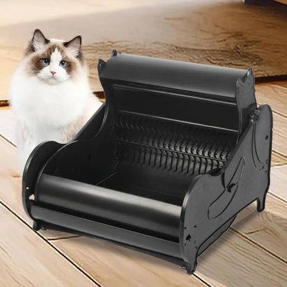 Litière Automatique Ouverte et Design avec Application avec un chat blanc assis à gauche