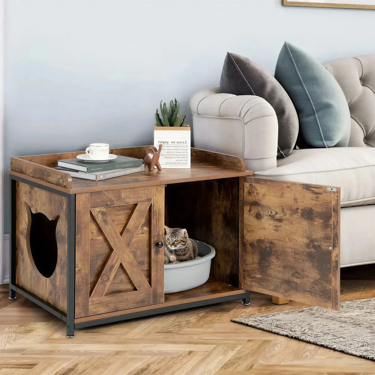 Meuble Litière Chat Style Table de Nuit Industrielle à Double Portes Pour toi Mon chat