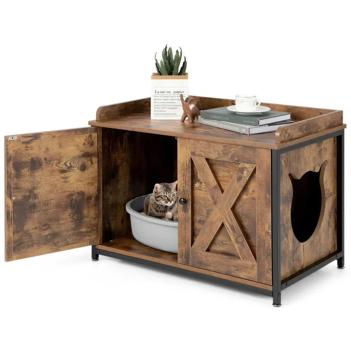 Meuble Litière Chat Style Table de Nuit Industrielle à Double Portes Pour toi Mon chat