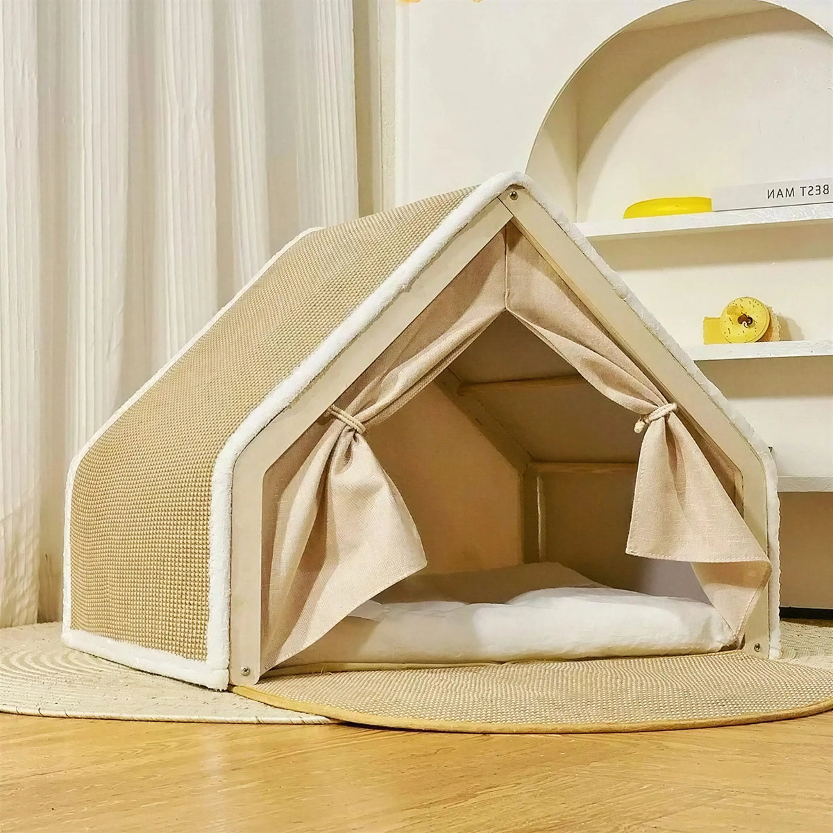 Niche Chat Intérieur en Osier avec Rideau Pour toi Mon chat