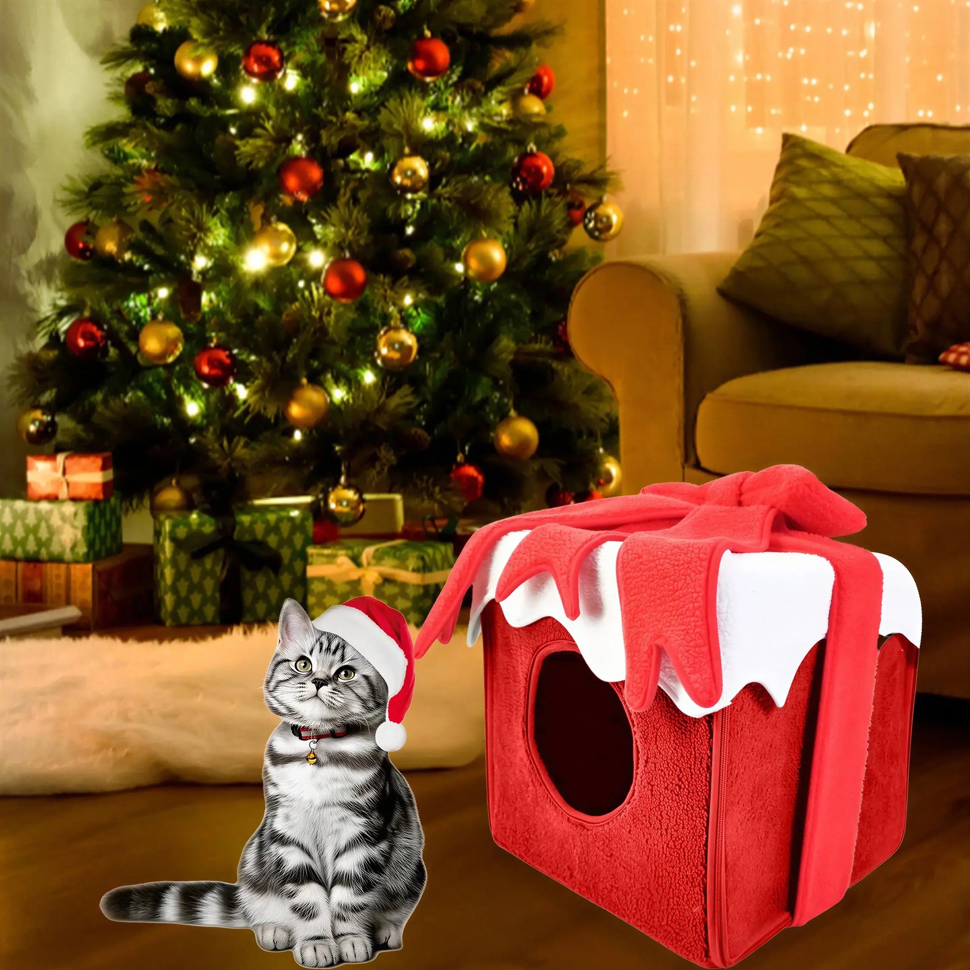 Noël cabane Lit pour Chat et Chien, fermée, doux et confortable - NoëlChatCadeau™ Pour toi Mon chat