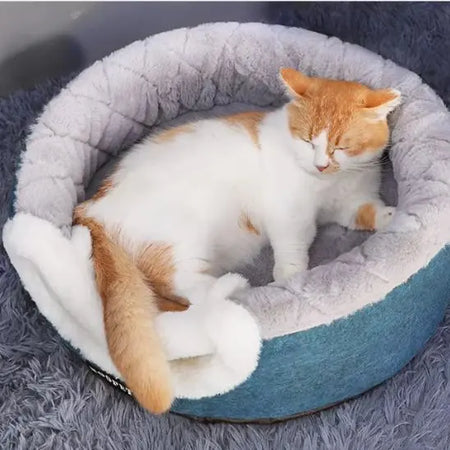 Panier Chat Coussin & Grotte – le Refuge Douillet pour Votre Félin ! Chat blanc et roux dormant sur le lit plié, posé sur un coussin moelleux gris en dessous