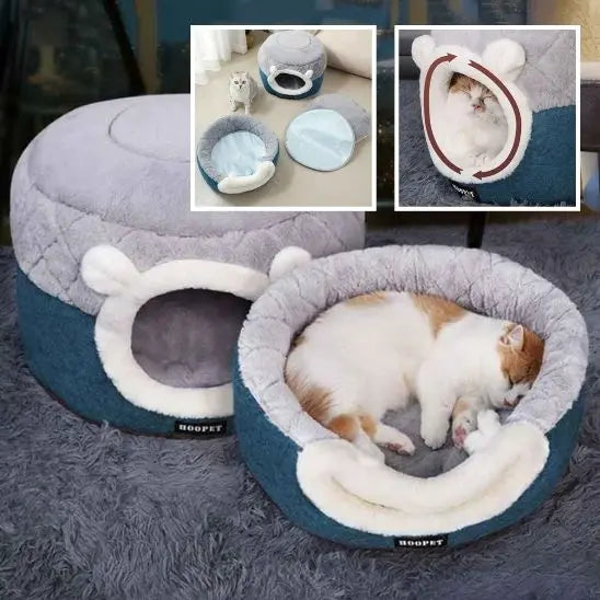 Panier Chat Coussin & Grotte – le Refuge Douillet pour Votre Félin ! chat blanc roux dormant sur le lit, 2 petites fenêtres montrant le produit sous d'autres angles
