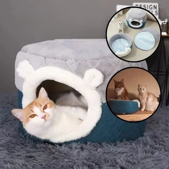 Panier Chat Coussin & Grotte – le Refuge Douillet pour Votre Félin ! Chat blanc roux sortant sa tête de la grotte, avec 2 ronds montrant le produit en d'autres situations