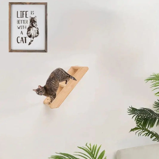 Parcours Mural Chat en Forme d'Escalier installé sur un mur gris avec un chat dessus et un tableau en haut à gauche