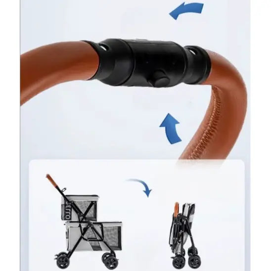 Poussette pour chat à deux étages avec sacs de rangement, pratique et confortable pour les promenades en extérieur. Zoom sur la poignée.