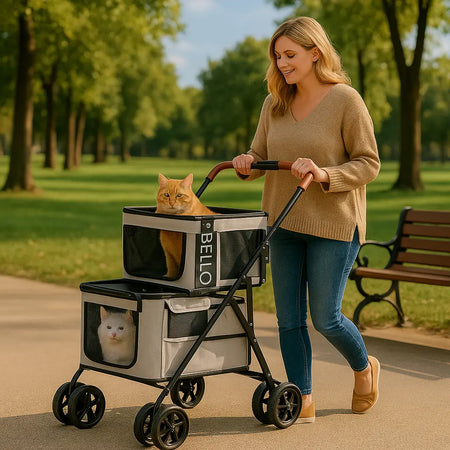 Poussette pour chat à deux étages avec sacs de rangement, pratique et confortable pour les promenades en extérieur. Une femme blonde promène ses deux chats roux et blanc dans un parc près d'un banc.