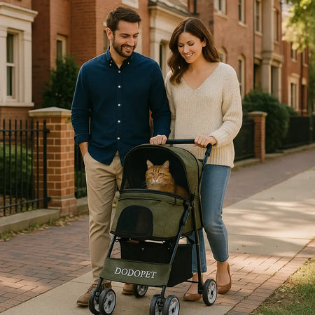 Poussette pour chat vert DODOPET, utilisée par une femme et un homme pour transporter un chat roux sur un trottoir. Confort, sécurité et praticité pour les promenades en extérieur.