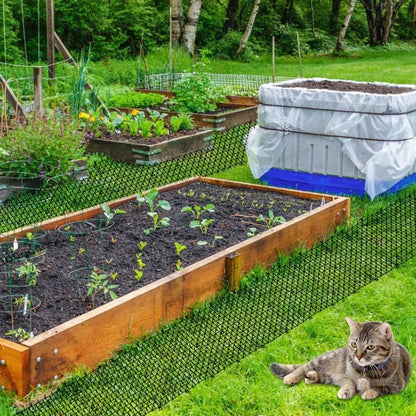 Répulsif Chat en Forme de Tapis avec des Picots en Plastique installé devant un potager avec un chat gris à coté
