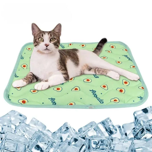 Tapis Rafraichissant Chat avec Motifs d'Avocats avec un chat gris et blanc couché dessus et des glaçons en dessous sur fond blanc