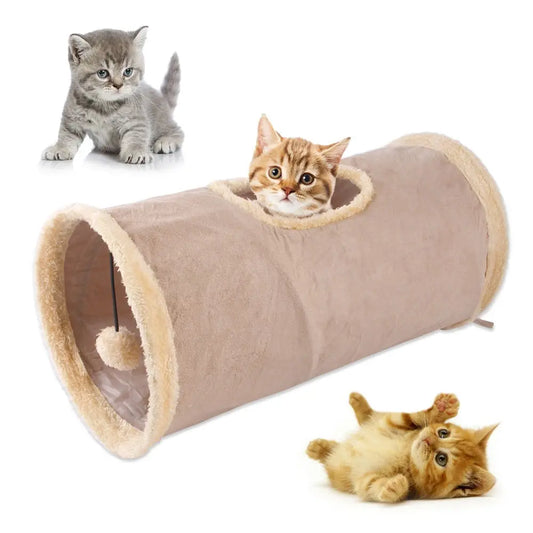 Tunnel de jeu pliable avec pompon en tissu suédé pour chat Pour toi Mon chat