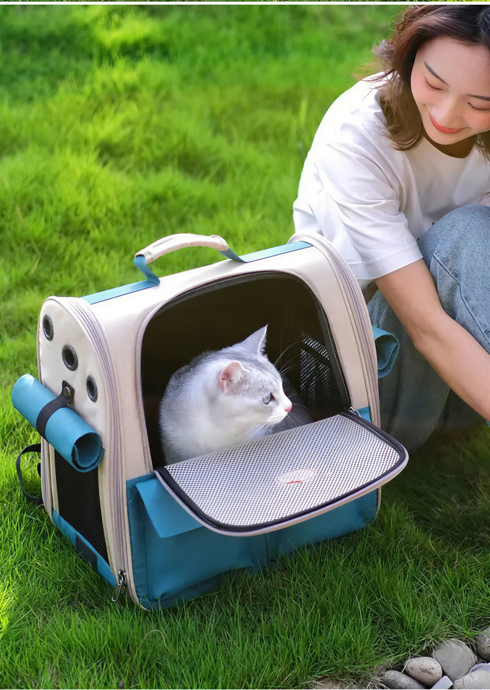 Sac à dos vert pliable et ventilé pour chat - vue 9
