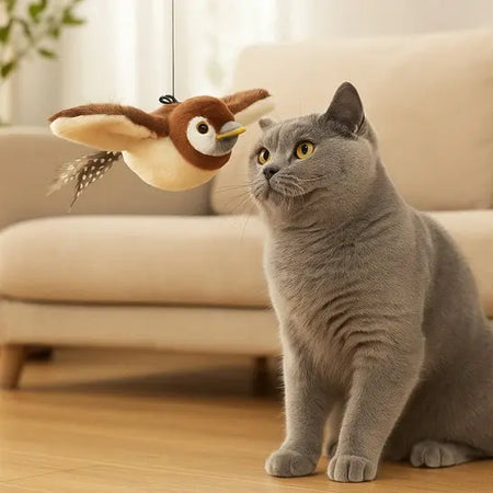 Jouet pour Chat Oiseau Battant des Ailes – Chat gris observant un jouet oiseau suspendu battant des ailes
