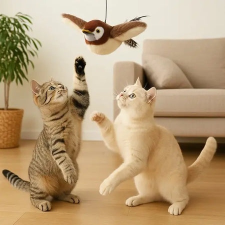 Deux chats jouent ensemble avec un oiseau suspendu battant des ailes