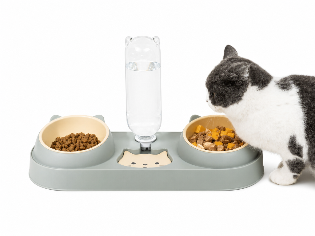 Fontaine à eau et bols à croquettes et friandises pour chat - Perfect Trio Pour toi Mon chat