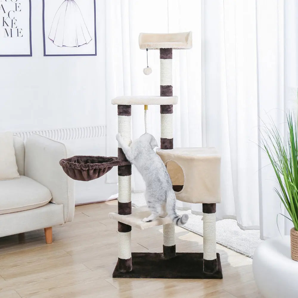 Arbre à chat beige avec corde et boule Pour toi Mon chat