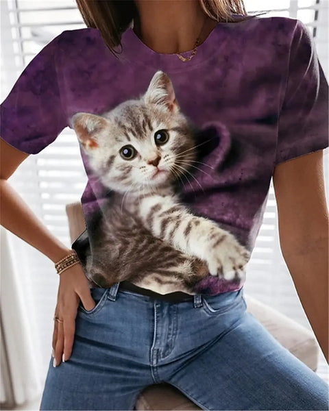 T-shirt avec chat mignon imprimé en 3D pour femme Pour toi Mon chat