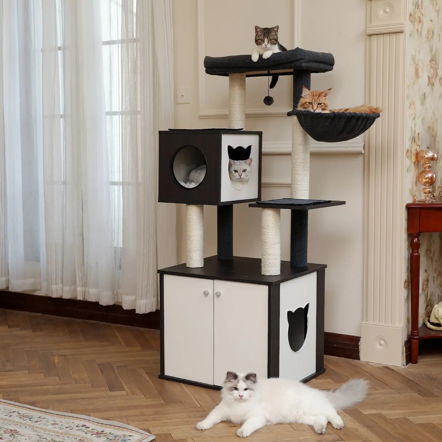 Tour d'arbre à chat en bois massif, maison de luxe avec armoire, jouet d'affichage à plusieurs niveaux pour chaton Pour toi Mon chat