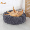 Coussin chat, maison pour chat, niche pour chat, COUSSINOO gris avec un chat roux couché à l'intérieur, panneau et texte à droite, sol blanc, logo pour toi mon chat en haut à gauche