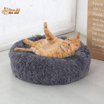 Coussin chat, maison pour chat, niche pour chat, COUSSINOO gris avec un chat roux couché à l'intérieur, panneau et texte à droite, sol blanc, logo pour toi mon chat en haut à gauche