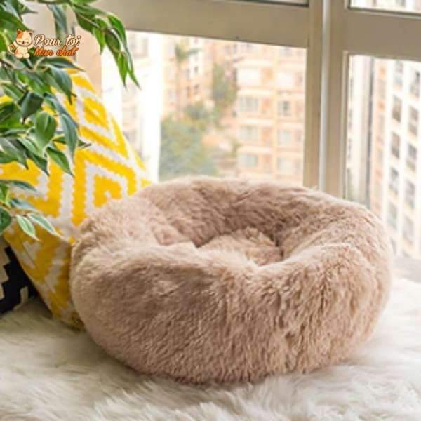 Coussin chat, maison pour chat, niche pour chat, COUSSINOO beige, coussin jaune et blanc, logo pour toi mon chat en haut à gauche
