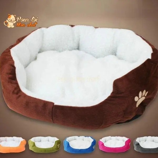 Coussin chat, maison pour chat, niche pour chat, Confort'Chat™ marron sur fond marron clair, cinq autres couleurs en bas, logo Pour toi Mon chat en haut à gauche