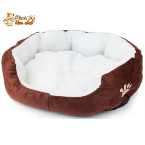 Coussin chat, maison pour chat, niche pour chat, Confort'Chat™ marron sur fond blanc, logo Pour toi Mon chat en haut à gauche